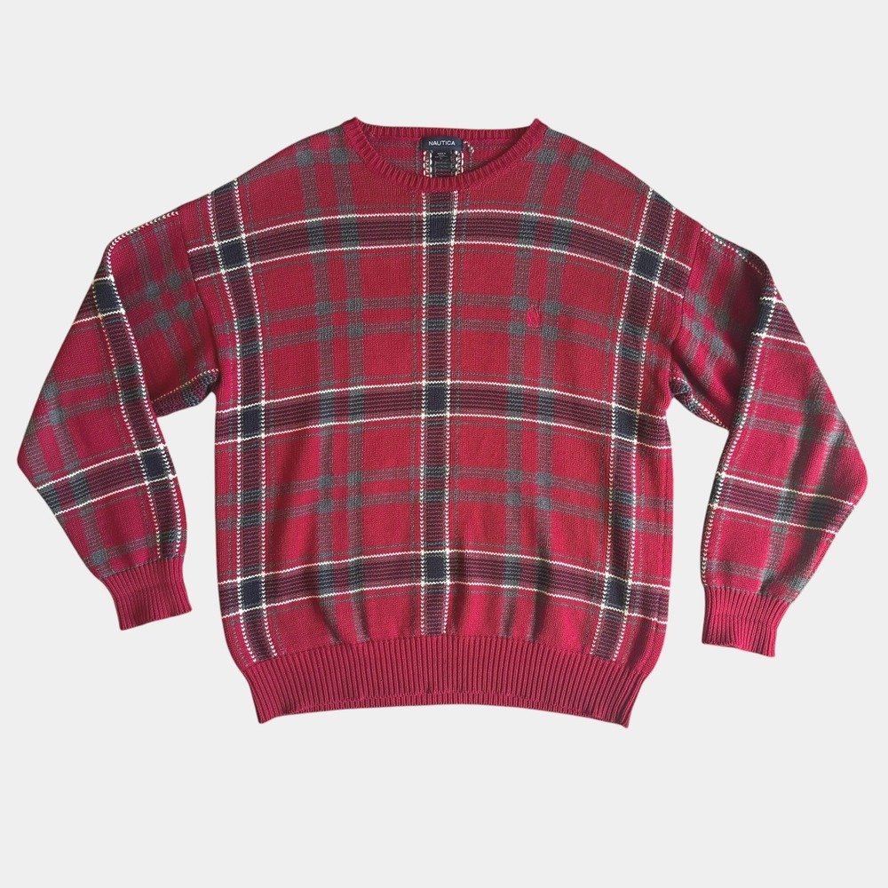 Nautica Mens Red Plaid 100% Cotton Crewneck Sweater Large Tartan Holiday Preppy